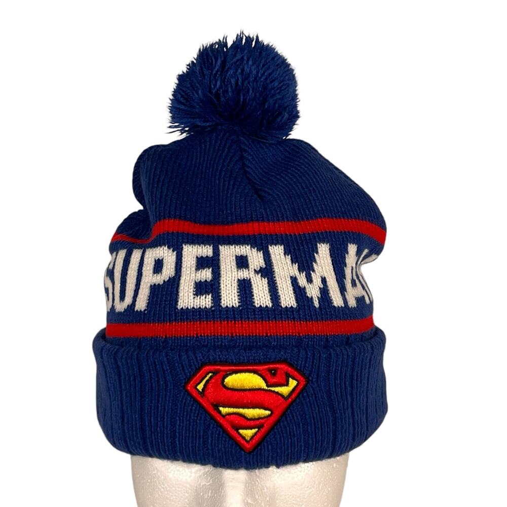 DC Comics Superman Blue White Red Knit Crochet Pom-Pom Winter Beanie Hat